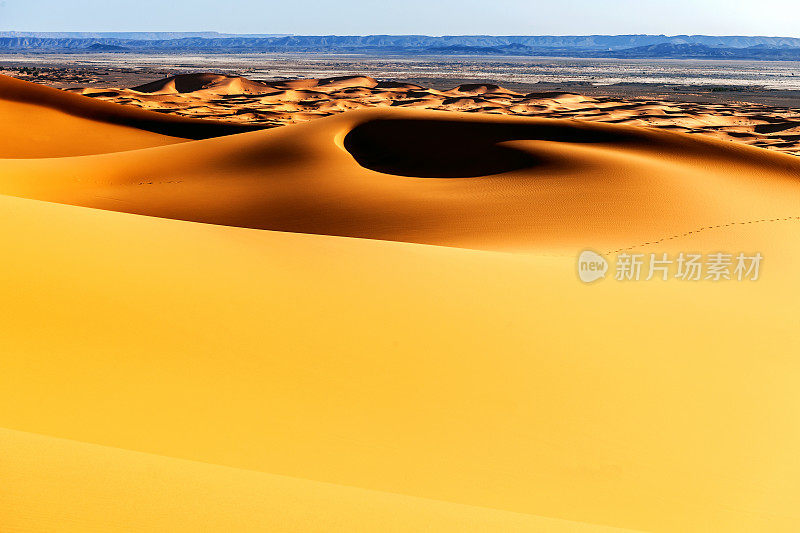 在Erg Chebbi沙漠的沙子，Merzouga，摩洛哥，北非